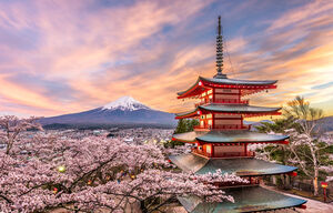 Chureito-Pagode in Fujiyoshida am Berg Fuji zur Kirschblüte