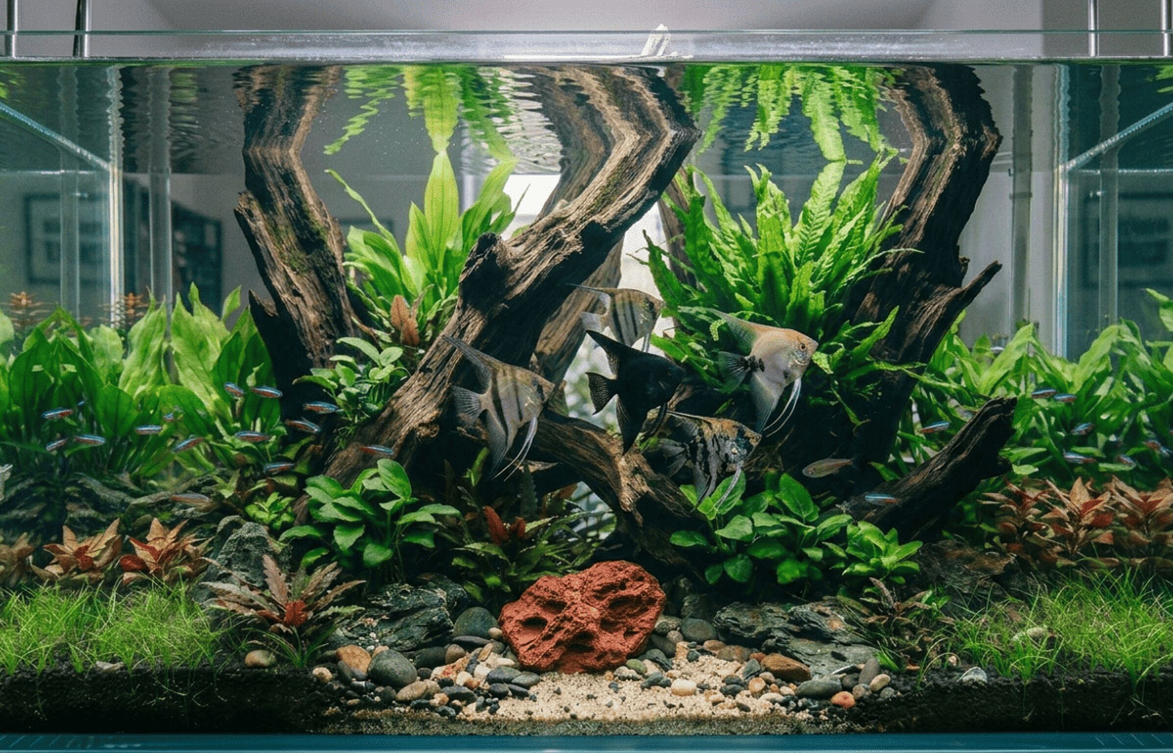 Aquarium mit Skalaren und Neonsalmlern