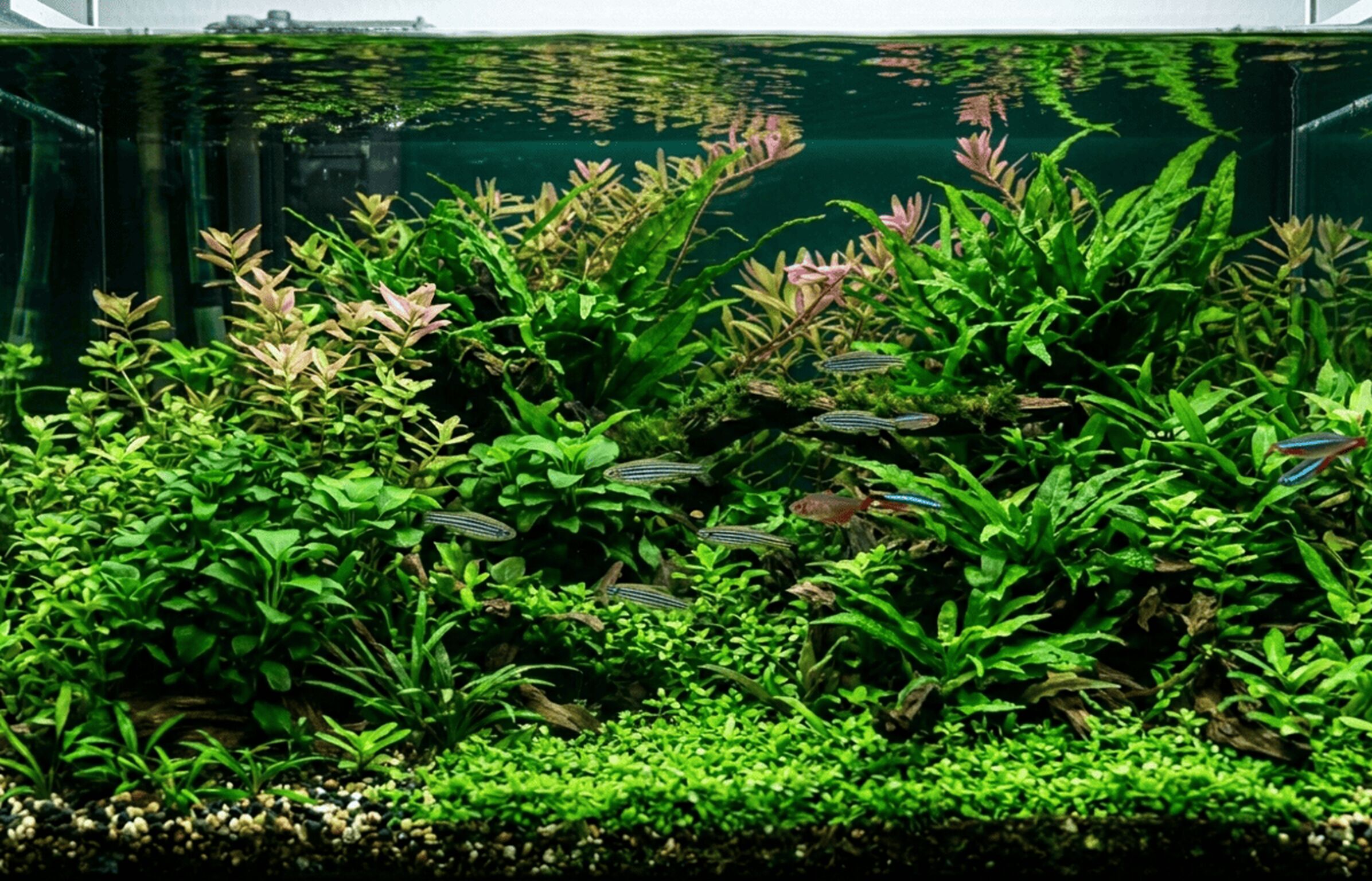 Aquarium mit Zebrabärblingen und Neonsalmlern