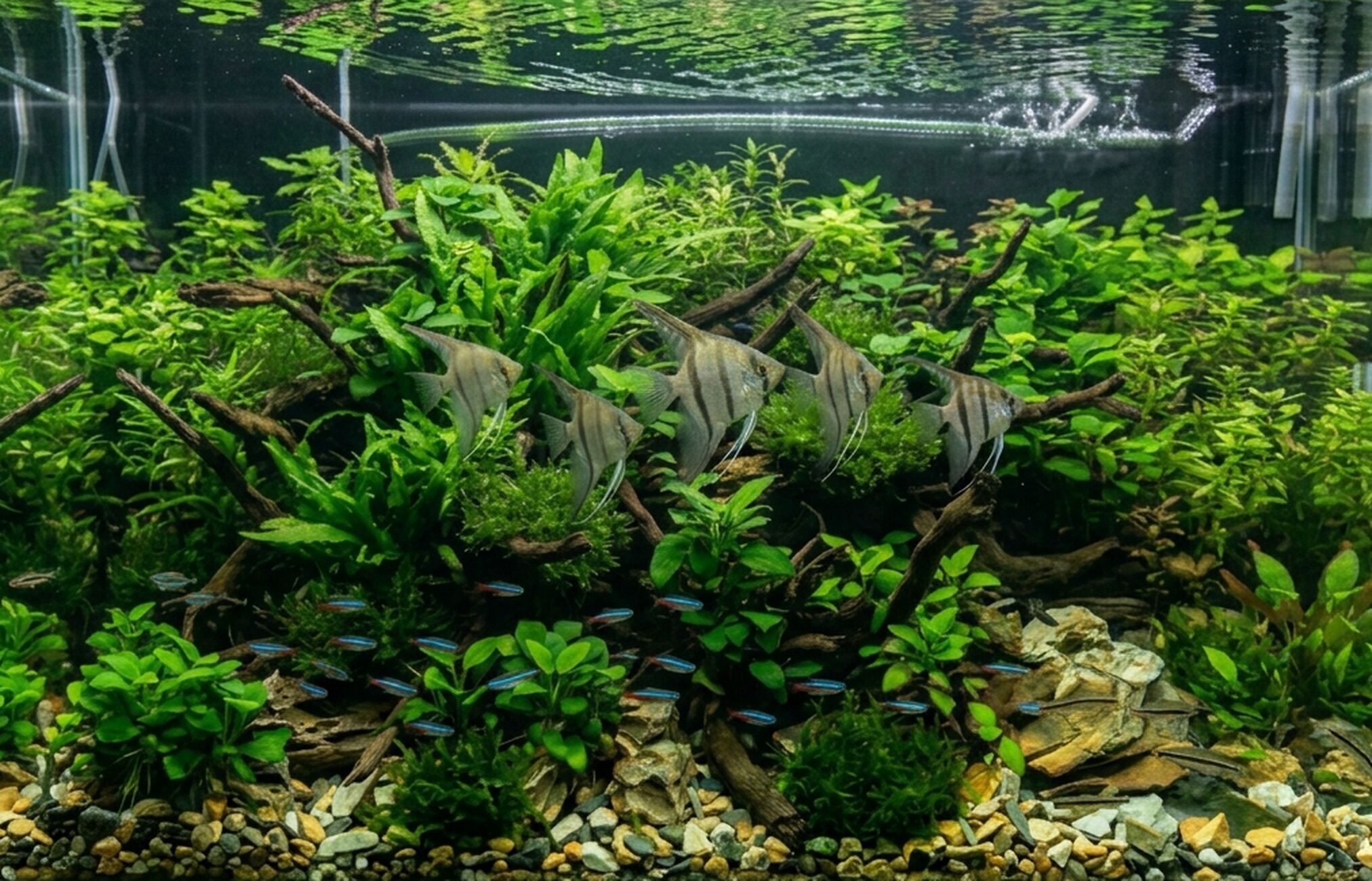 Mit vielen Pflanzen bestücktes Aquarium mit Skalaren und Neonsalmlern