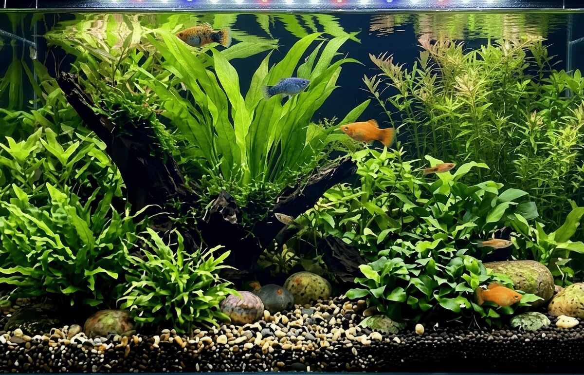 Aquarium mit orangenen Platys