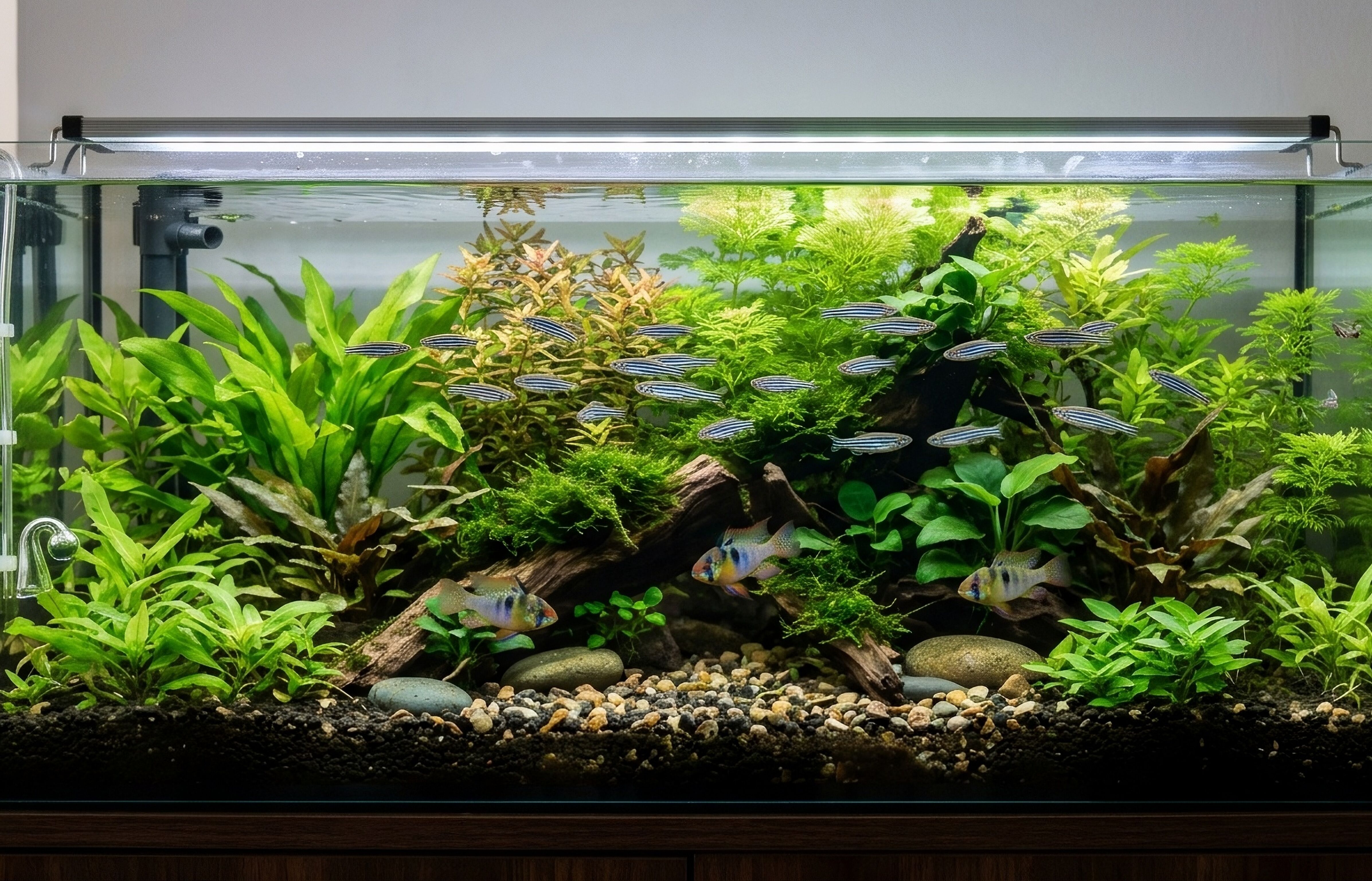 Aquarium mit Zebrabärblingen und Schmetterlingsbuntbarschen