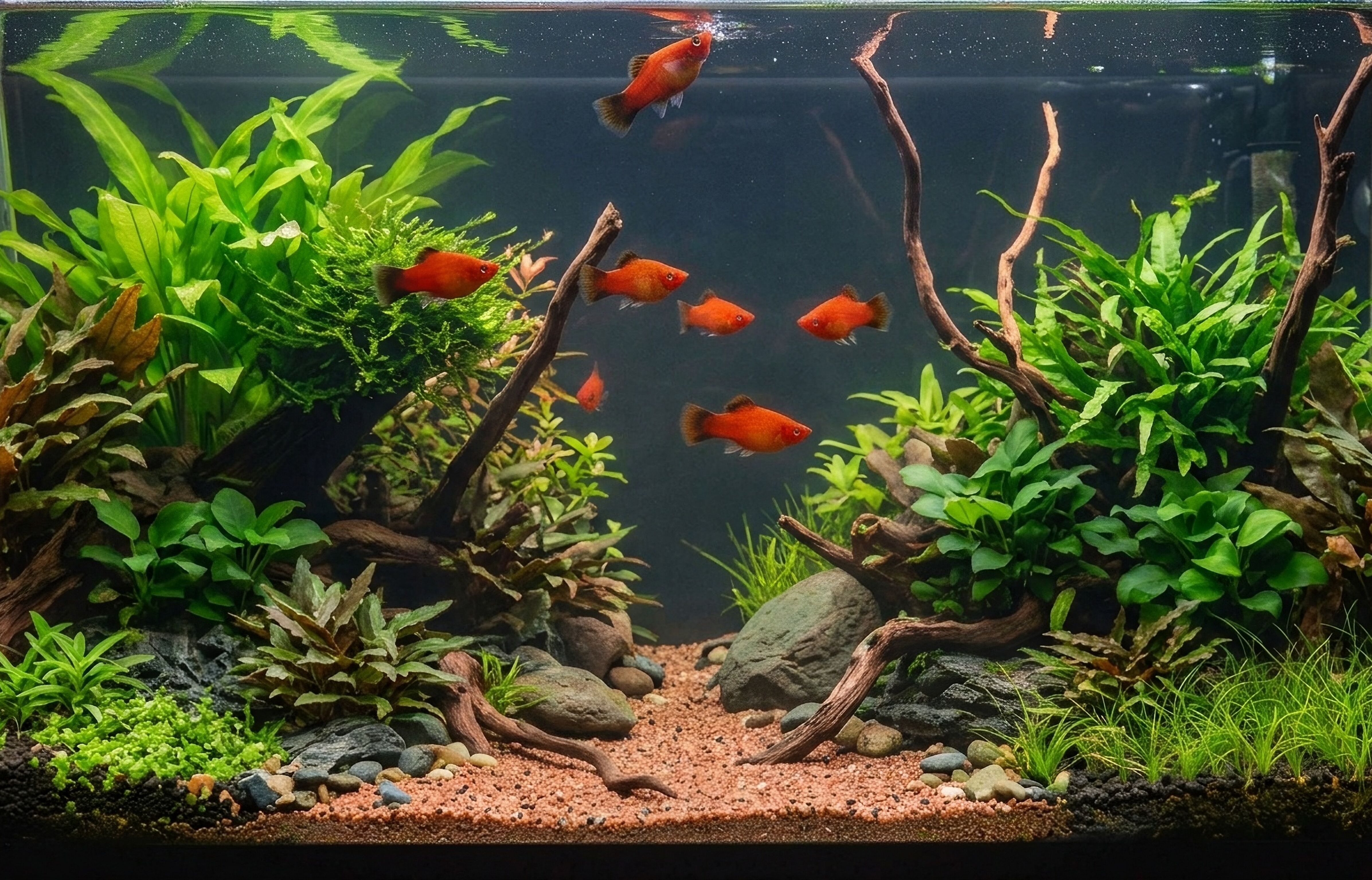 Schön bepflanztes Aquarium mit Platys