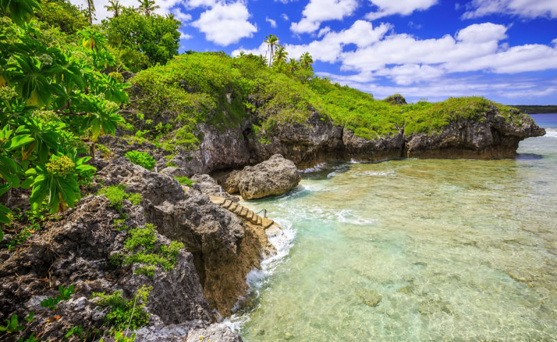 Meer und prächtig grüner Fauna am Strand von Niue